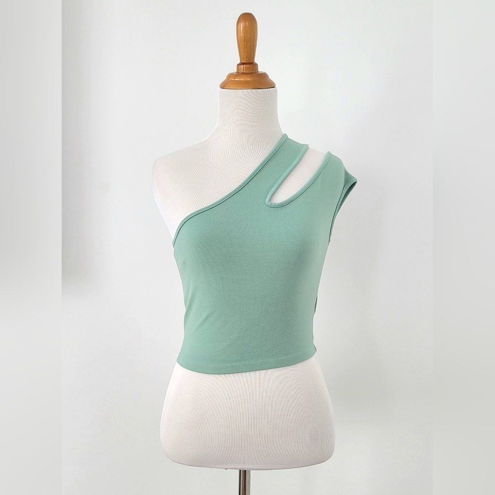 Sage One-Shoulder Cutout Crop Top